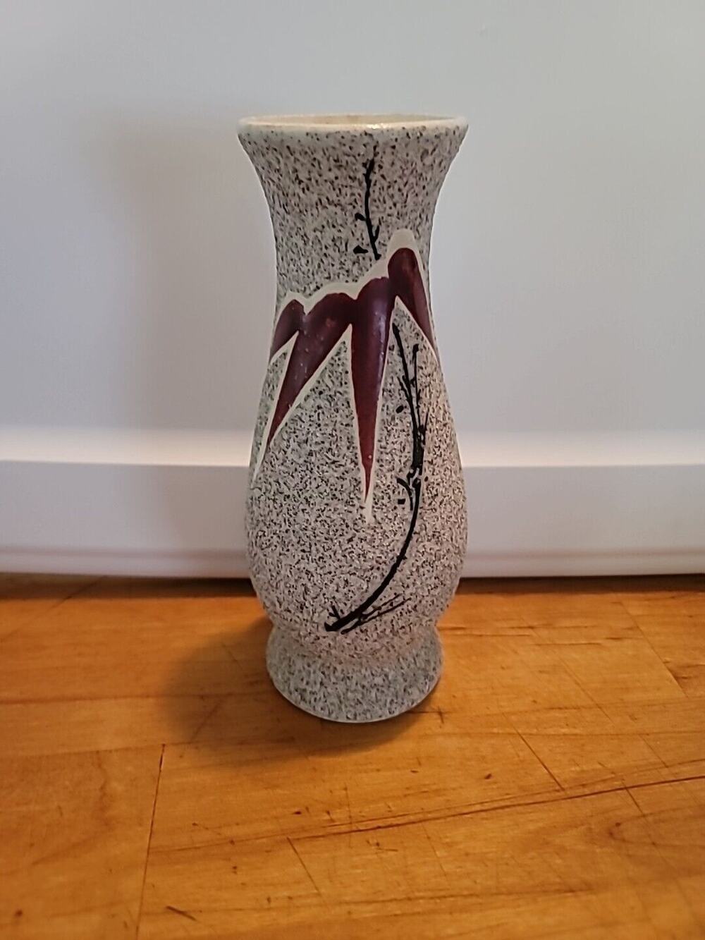 Vintage Asian Inspired Modernist Vase Stylized Flower Design Sand Texture Finish
